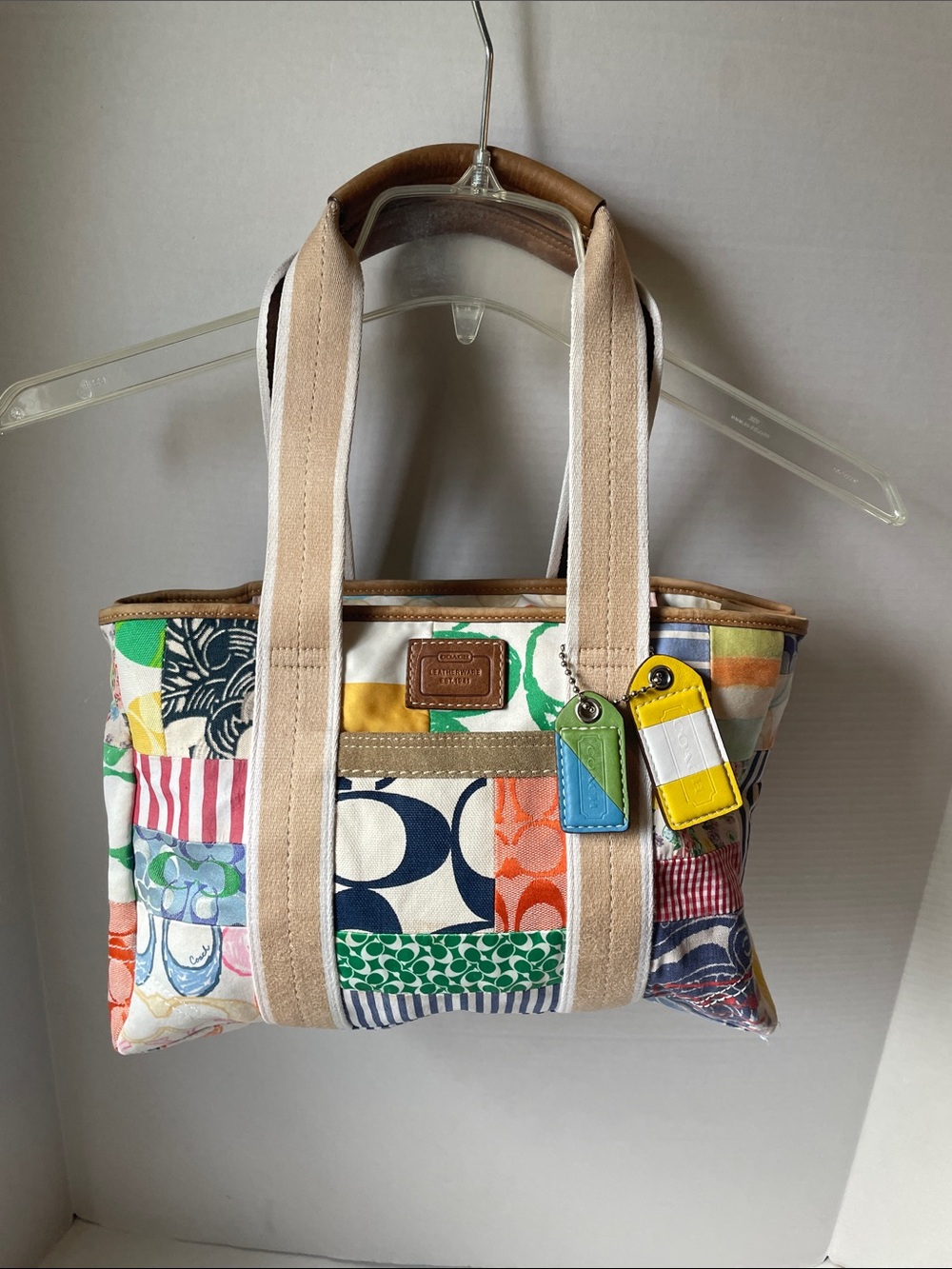 Coach  Patchwork Canvas Tote with Beige Straps Leather Tags 0698-10444 VTG
